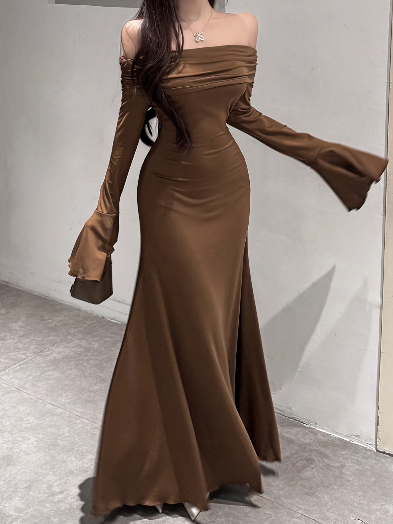 Women's Elegant Off-the-Shoulder/One-Shoulder Long Formal dress - Bodycon Party, Brown Evening Gown for Women, Machine Washable Fall Gala & Wedding Attire - ZX248, Special Occasion, Fitted Silhouette, Highquality Material, Stylish Outfit, Party Wear