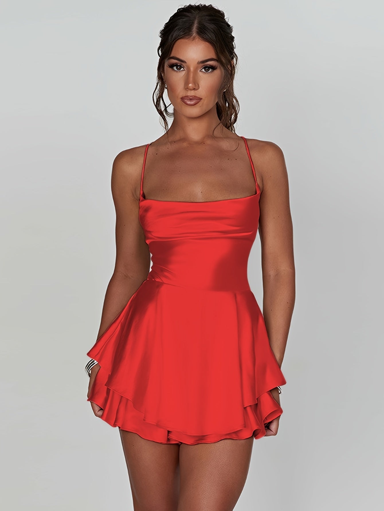 Vestido Feminino Elegante Sem Costas com Alcinha Halter - Cintura Franzida e Saia Flare, Decote Quadrado com Alças Finas para Festa, Lavável em Máquina, Cor Sólida, Traje Formal para Todas as Estações, Alta Elasticidade, Roupa Adulta