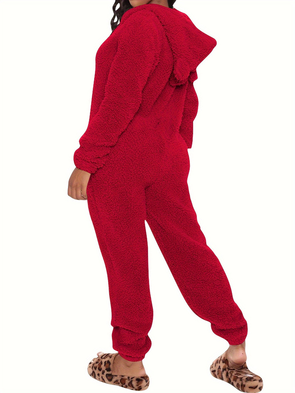 Fuzzy Hooded Pajama Jumpsuit For Music Festival, Comfy & Cute Long Sleeve Zipper Pajamas, Women's Lingerie & Sleepwear