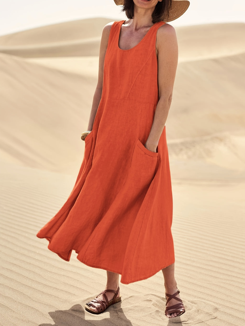 Women&apos;s Casual Sleeveless - A-Line Dress with Pockets - Mid-Length Round Neck Loose Fit Machine Washable for Spring Summer Fall, Summer Fashion, Natural Fabric