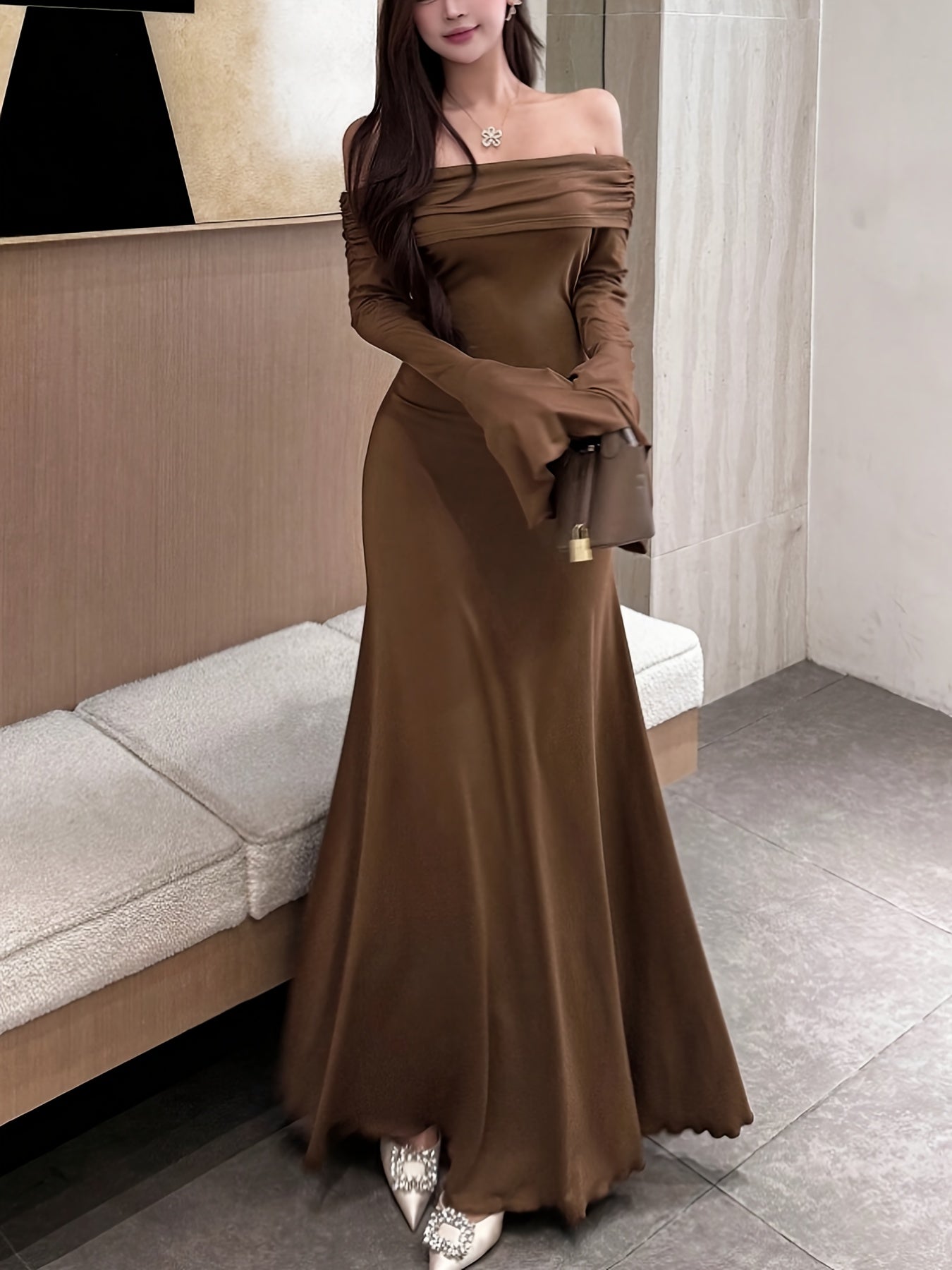 Women's Elegant Off-the-Shoulder/One-Shoulder Long Formal dress - Bodycon Party, Brown Evening Gown for Women, Machine Washable Fall Gala & Wedding Attire - ZX248, Special Occasion, Fitted Silhouette, Highquality Material, Stylish Outfit, Party Wear