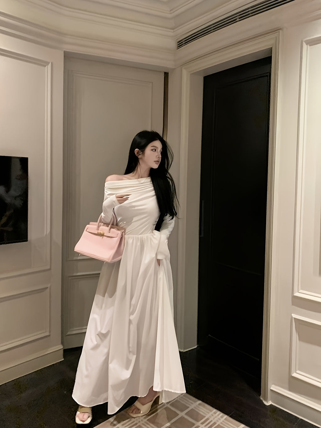 Women's Elegant French-Style Off-the-Shoulder/One-Shoulder A-Line Maxi Dress - Long Sleeve Wedding Guest Gown, Prom Dress, Hand Washable Solid Color with Pockets (No ) for Spring/Autumn, No Elasticity Suitable for Weddings & Special Events