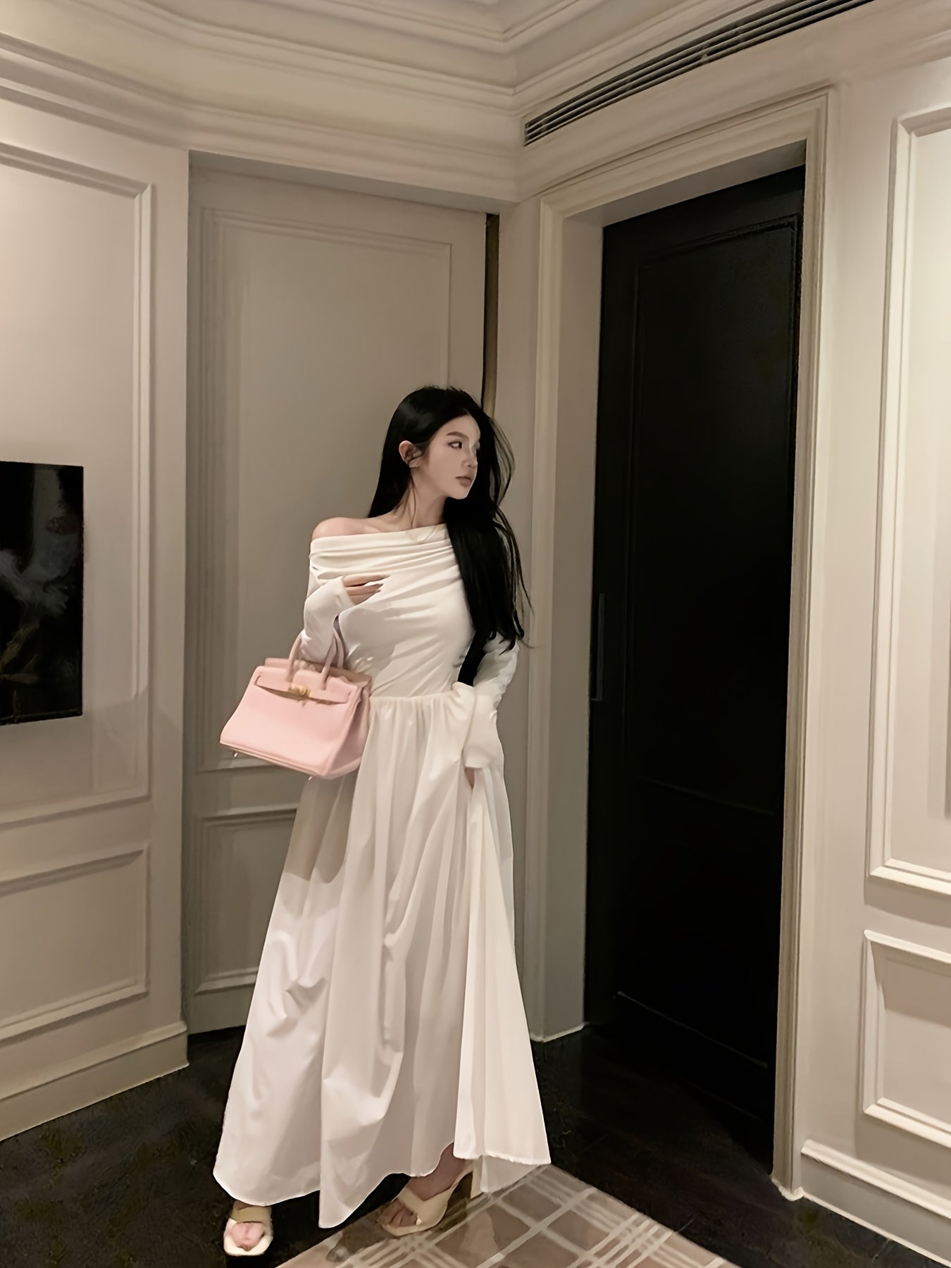 Women's Elegant French-Style Off-the-Shoulder/One-Shoulder A-Line Maxi Dress - Long Sleeve Wedding Guest Gown, Prom Dress, Hand Washable Solid Color with Pockets (No ) for Spring/Autumn, No Elasticity Suitable for Weddings & Special Events