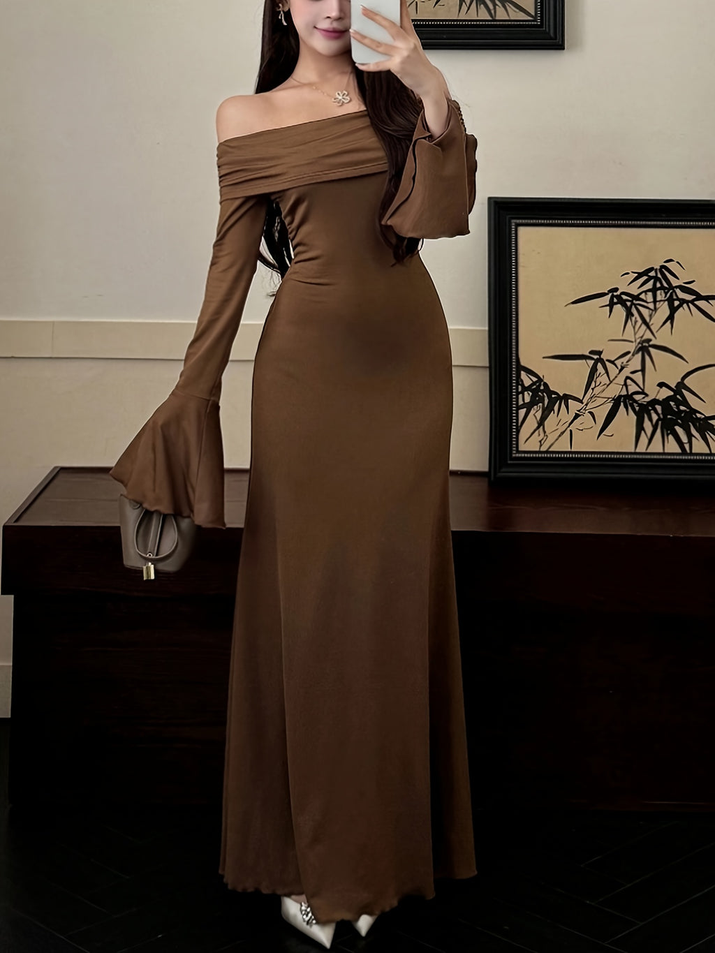 Women's Elegant Off-the-Shoulder/One-Shoulder Long Formal dress - Bodycon Party, Brown Evening Gown for Women, Machine Washable Fall Gala & Wedding Attire - ZX248, Special Occasion, Fitted Silhouette, Highquality Material, Stylish Outfit, Party Wear