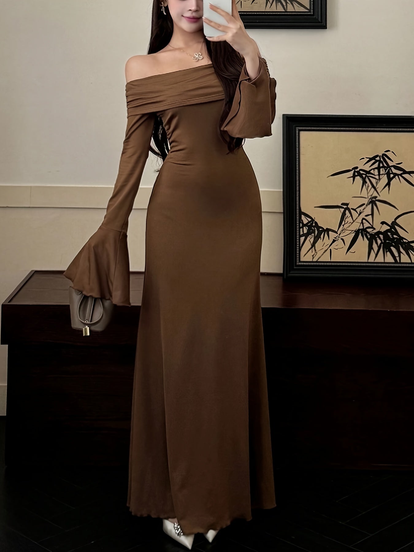 Women's Elegant Off-the-Shoulder/One-Shoulder Long Formal dress - Bodycon Party, Brown Evening Gown for Women, Machine Washable Fall Gala & Wedding Attire - ZX248, Special Occasion, Fitted Silhouette, Highquality Material, Stylish Outfit, Party Wear