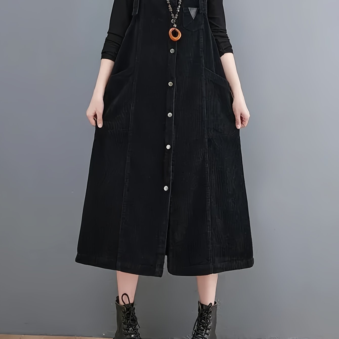 Vintage Corduroy Sleeveless Midi Dress with Pockets