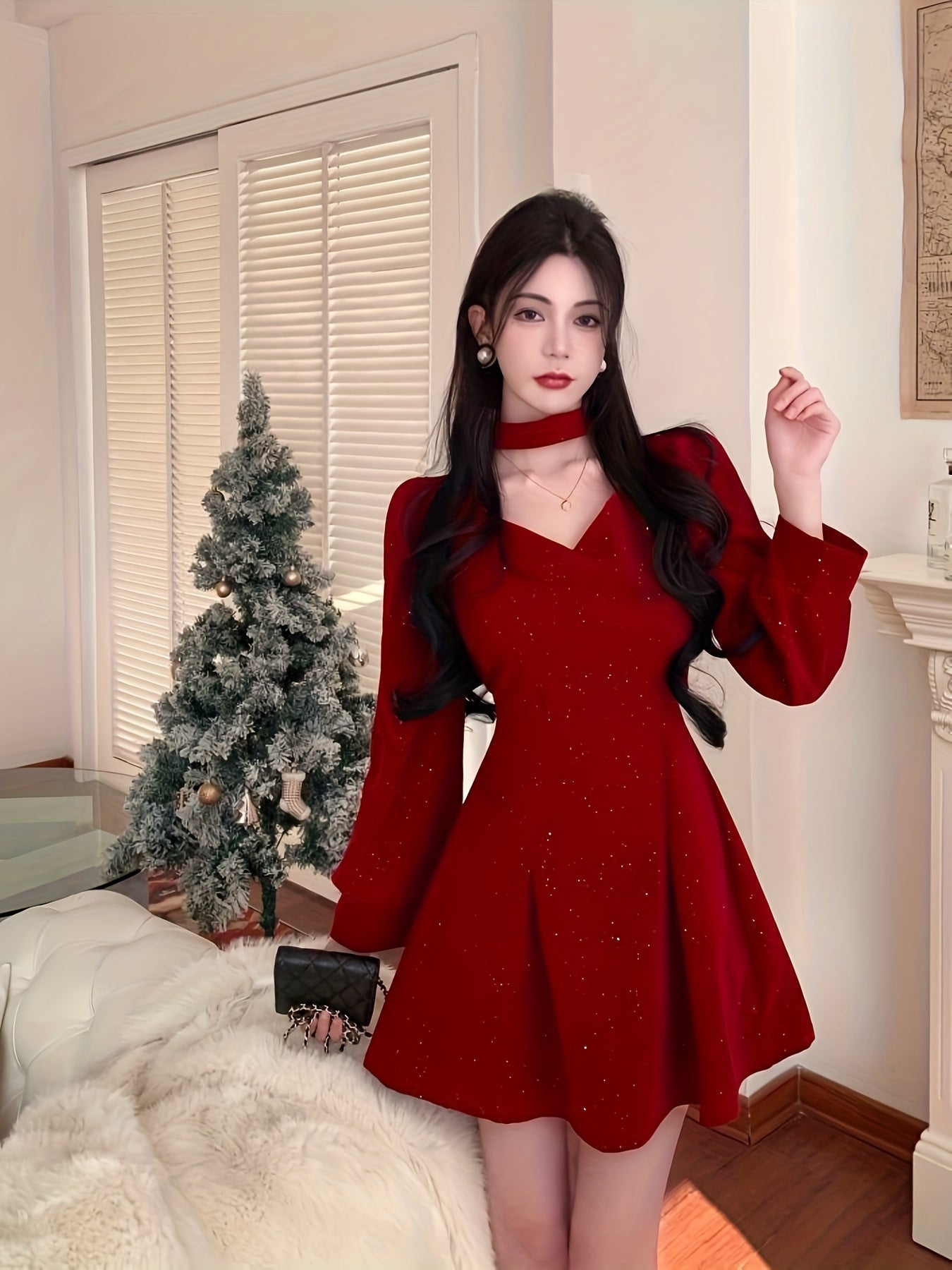 Women'S Elegant Black Velvet First Love Dress - Square Neck Long Sleeve A-Line Party & Formal Evening Gown, Hand Washable, All-Season Luxury Formal Attire for Christmas, New Year, Valentine'S Day - QOQ Luxury Dress Collection, Cute Dresses