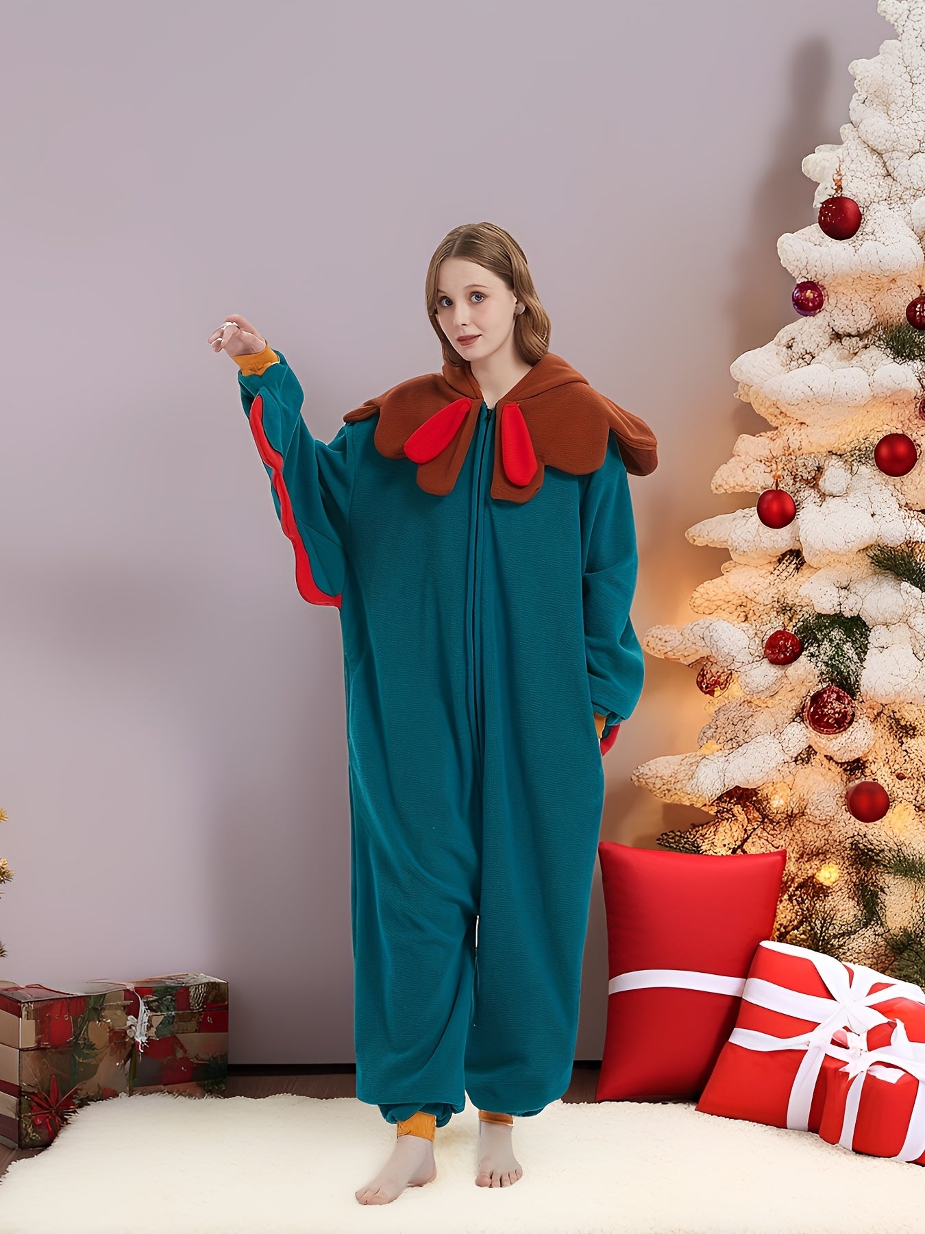 Music Festival Cartoon Hooded Pajama Jumpsuit, Cute Long Sleeve Zipper Pajamas, Women's Lingerie & Sleepwear