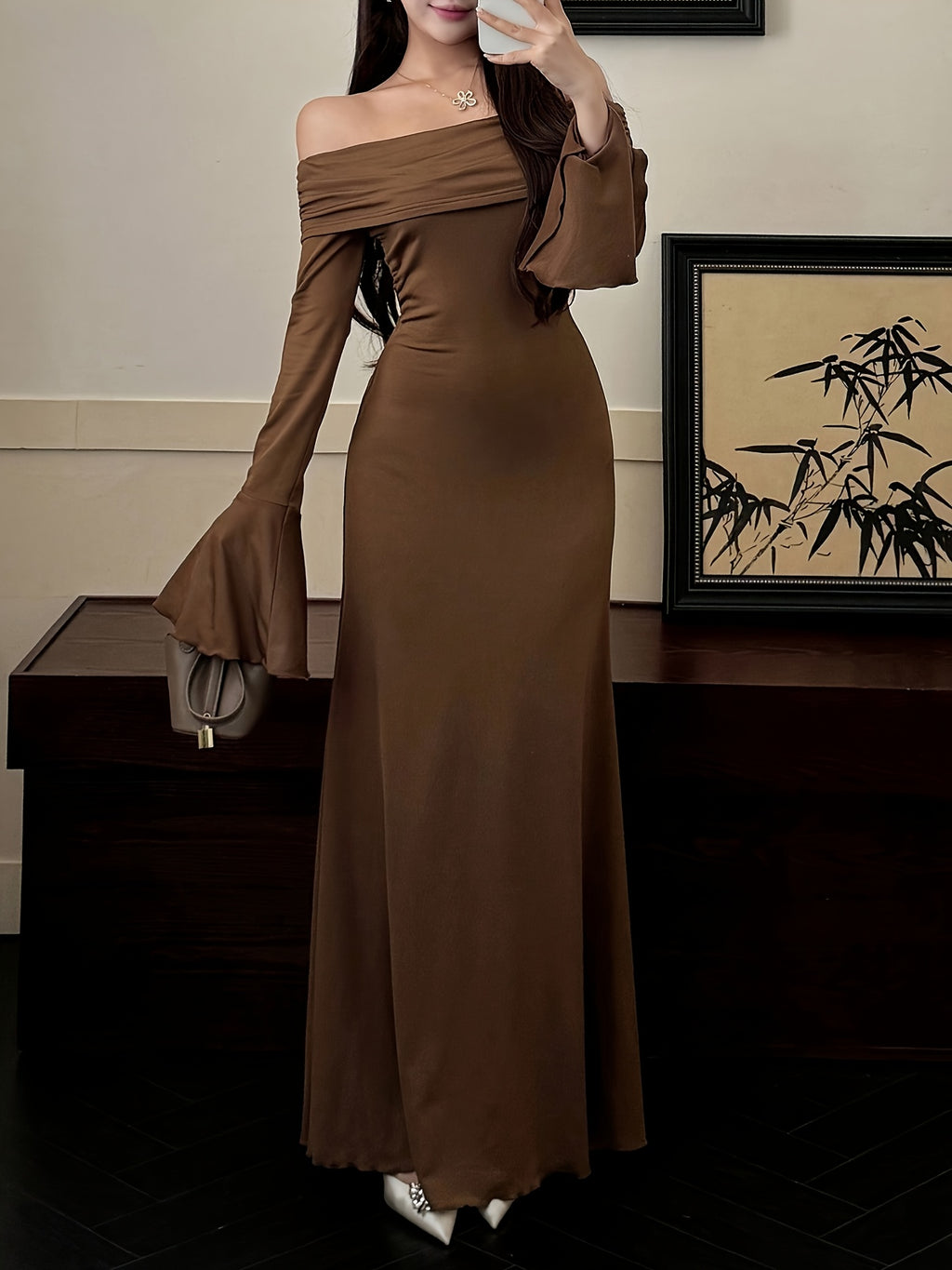 Women's Elegant Strapless/One-Shoulder Mermaid & A-Line Dress with Long Sleeves & Ruffled Hem - -Length Formal Wedding Guest Gown, Prom Dress, Event Attire - Machine Washable Autumn/Winter Evening Dress