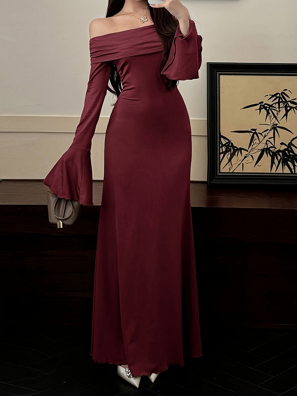 Women's Elegant Strapless/One-Shoulder Mermaid & A-Line Dress with Long Sleeves & Ruffled Hem - -Length Formal Wedding Guest Gown, Prom Dress, Event Attire - Machine Washable Autumn/Winter Evening Dress