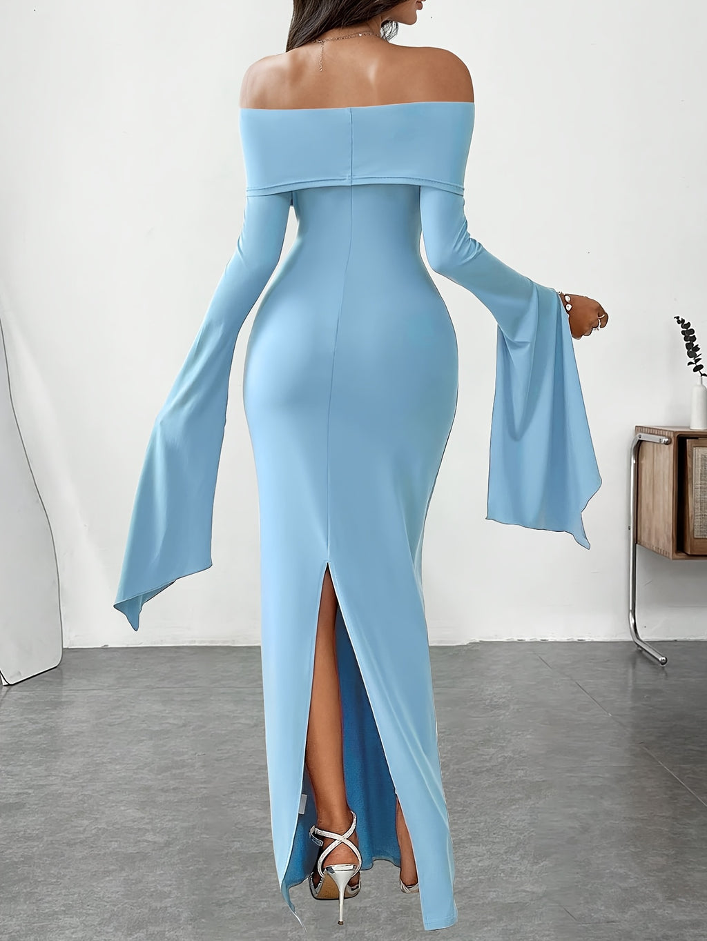 Women'S Sexy Off-Shoulder Long Sleeve Bodycon Dress, Solid Color Knit Fabric, 95% Polyester 5% Spandex, 228g/m², Perfect for Adult Spring/Summer/Fall Events