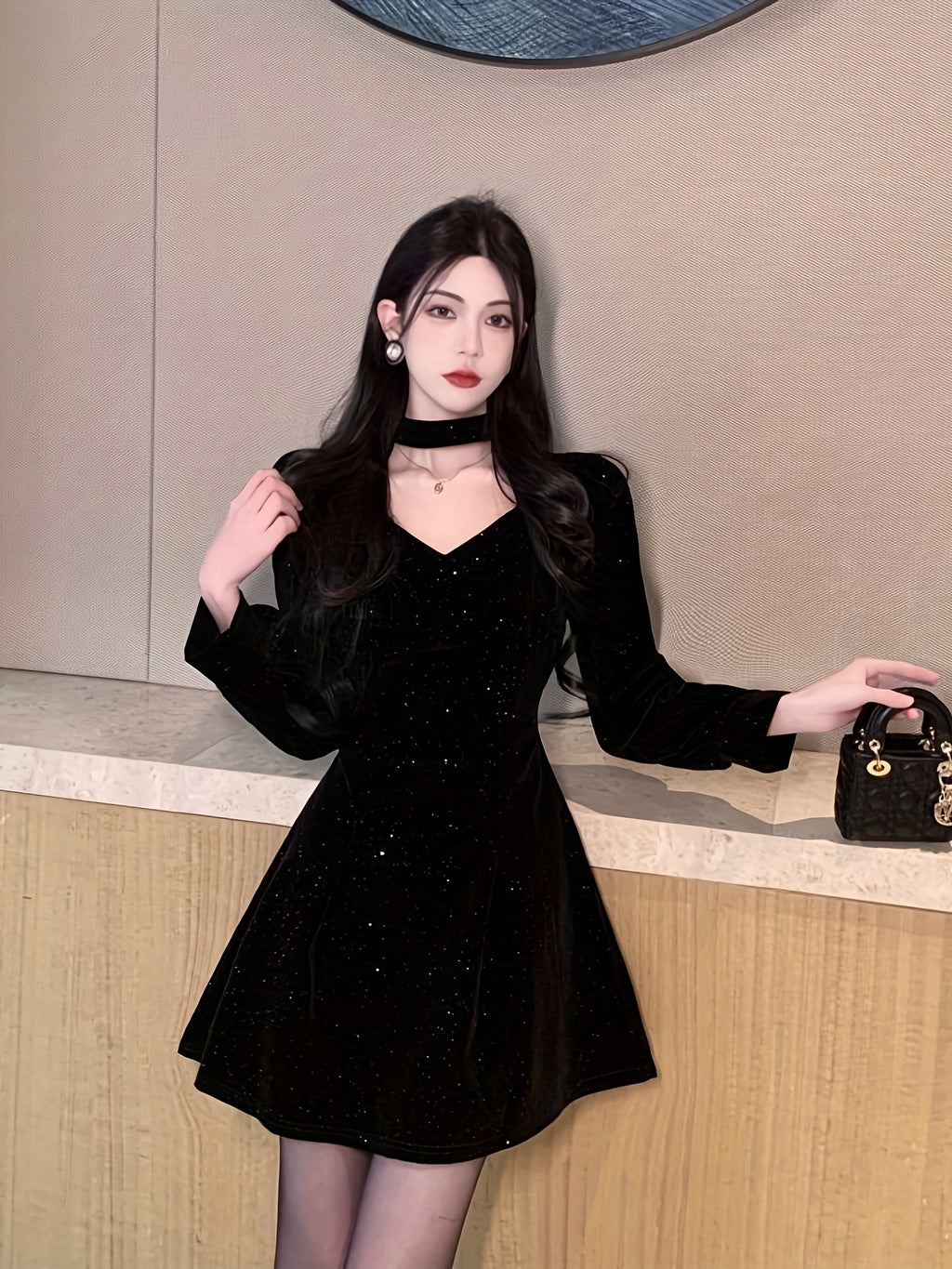 Women'S Elegant Black Velvet First Love Dress - Square Neck Long Sleeve A-Line Party & Formal Evening Gown, Hand Washable, All-Season Luxury Formal Attire for Christmas, New Year, Valentine'S Day - QOQ Luxury Dress Collection, Cute Dresses