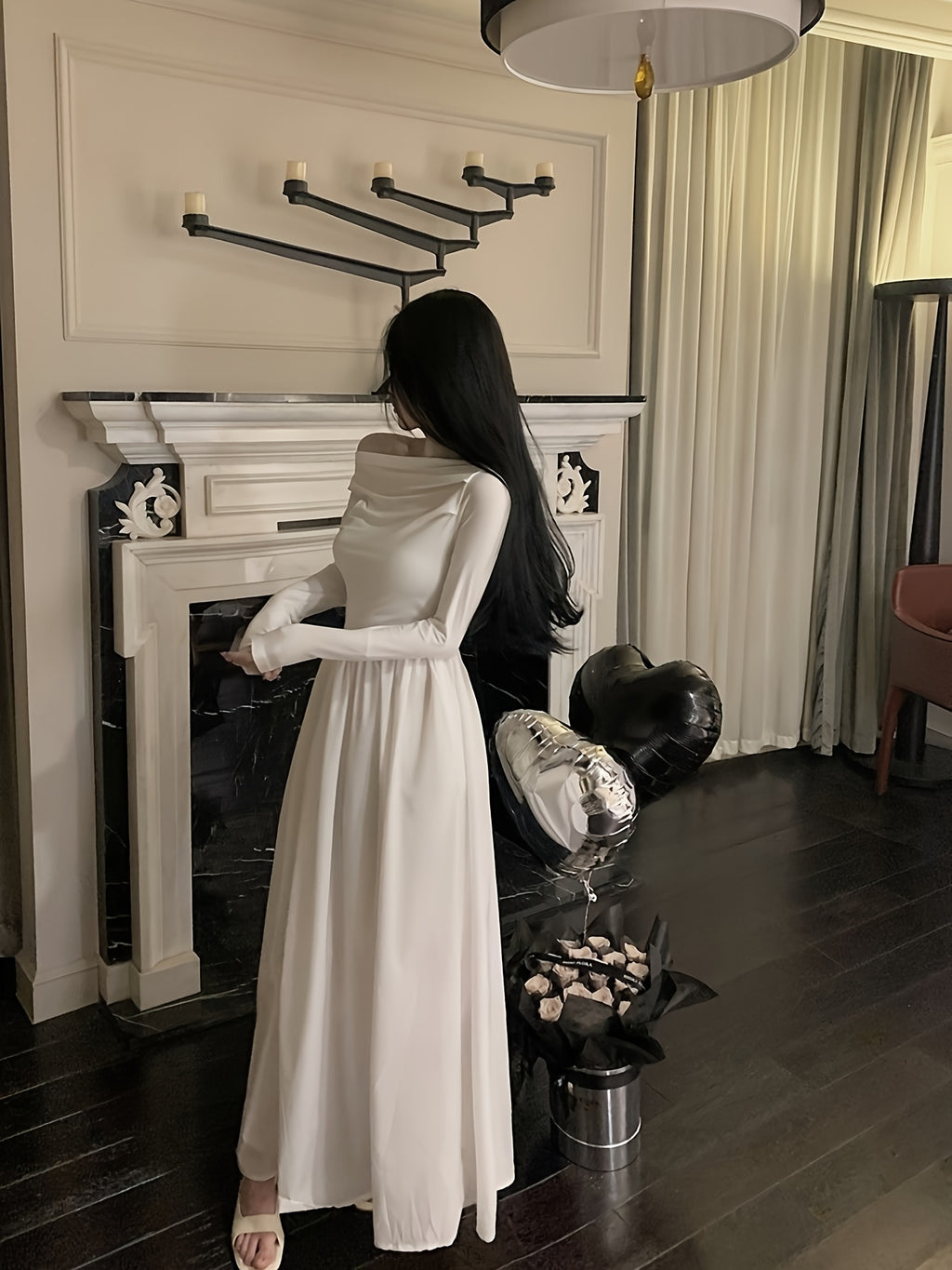 Women's Elegant French-Style Off-the-Shoulder/One-Shoulder A-Line Maxi Dress - Long Sleeve Wedding Guest Gown, Prom Dress, Hand Washable Solid Color with Pockets (No ) for Spring/Autumn, No Elasticity Suitable for Weddings & Special Events