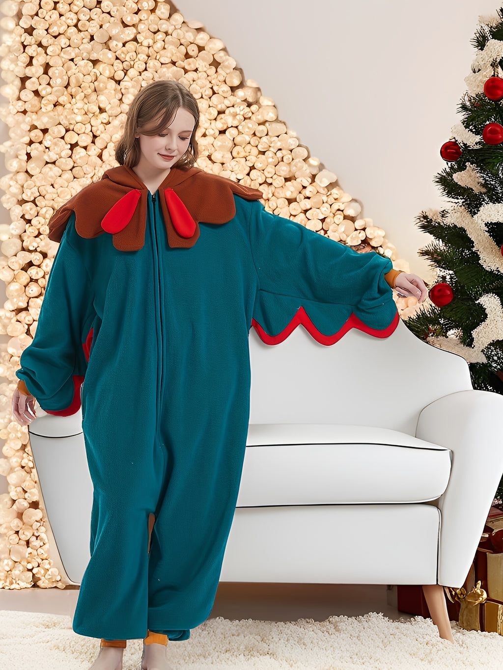 Music Festival Cartoon Hooded Pajama Jumpsuit, Cute Long Sleeve Zipper Pajamas, Women's Lingerie & Sleepwear