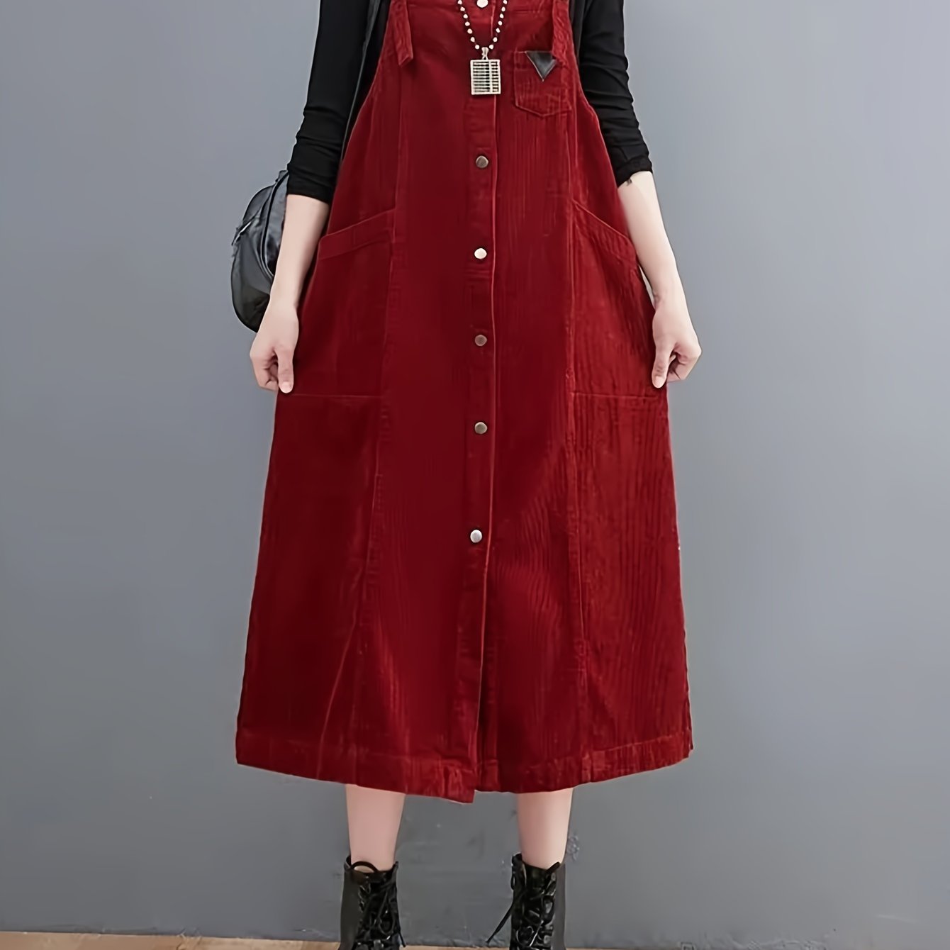 Vintage Corduroy Sleeveless Midi Dress with Pockets