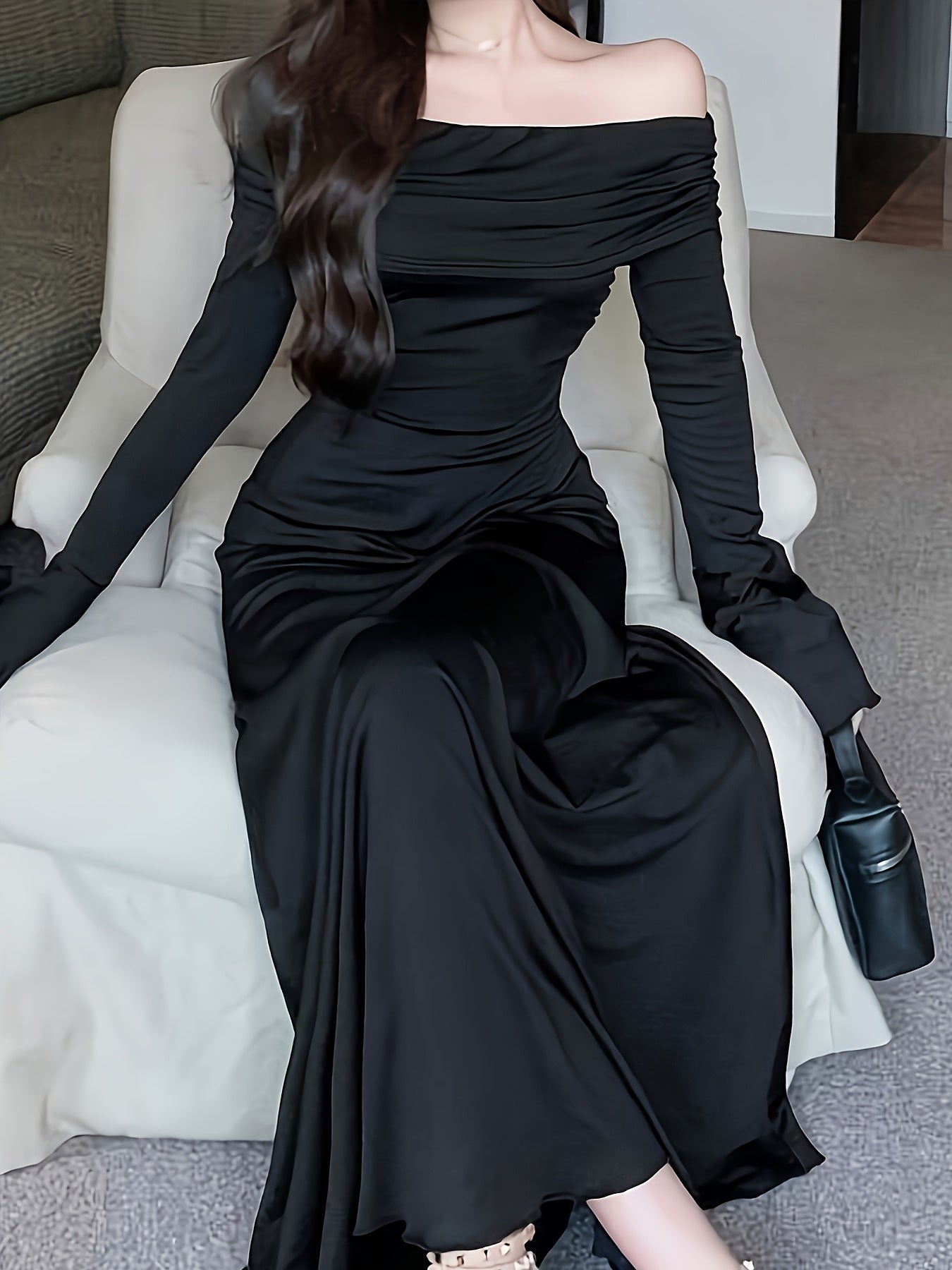 Women's Elegant Strapless/One-Shoulder Mermaid & A-Line Dress with Long Sleeves & Ruffled Hem - -Length Formal Wedding Guest Gown, Prom Dress, Event Attire - Machine Washable Autumn/Winter Evening Dress