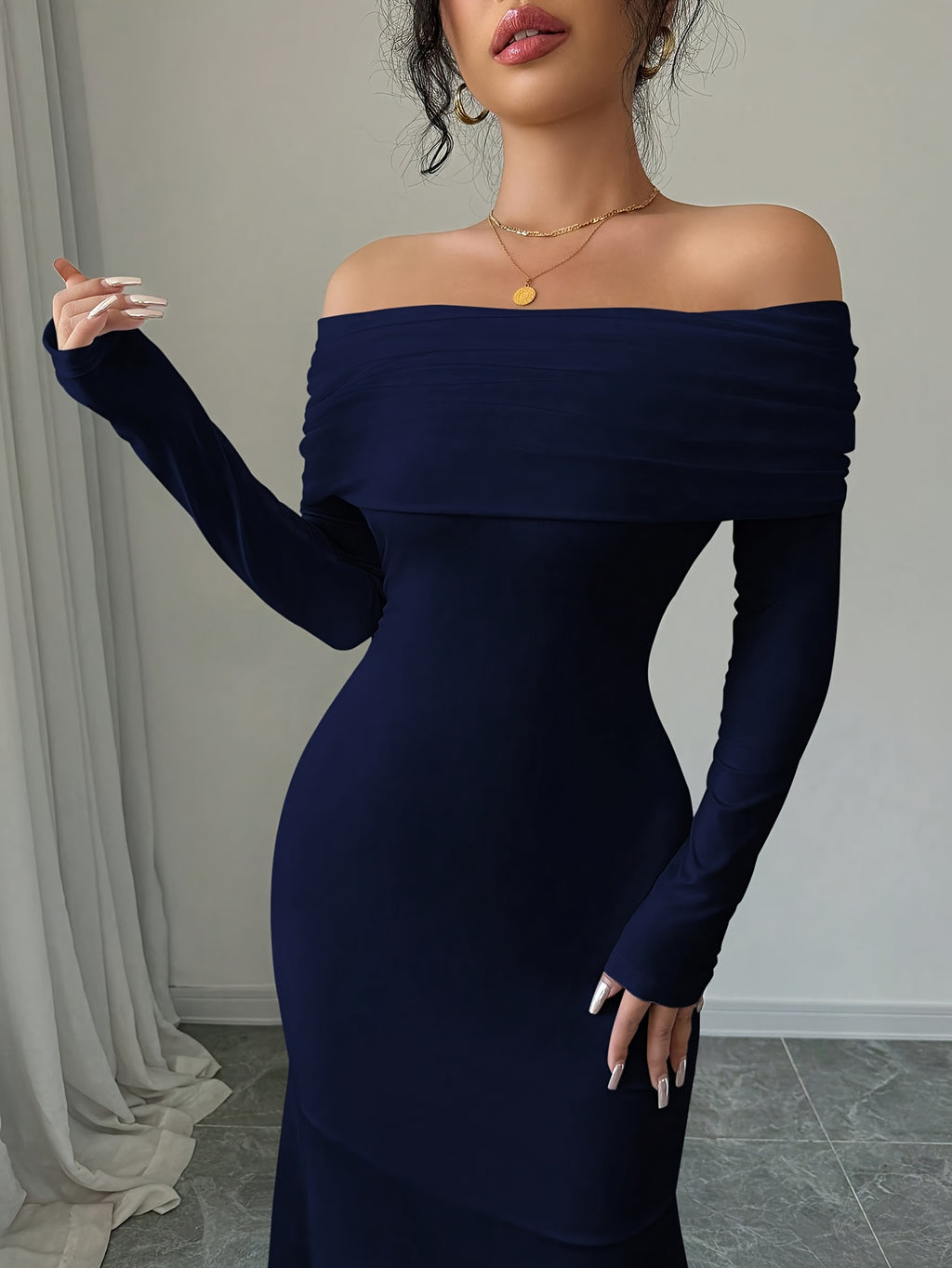 Elegant Off-Shoulder Mermaid Dress with Double Layer & Twist Detail - Long Sleeve, High-Low Hem, Solid Color, Perfect for Spring/Summer/Fall, Adult Women'S Formal Wear, Formal Evening Wear | Offshoulder Fashion | Double Layer Design
