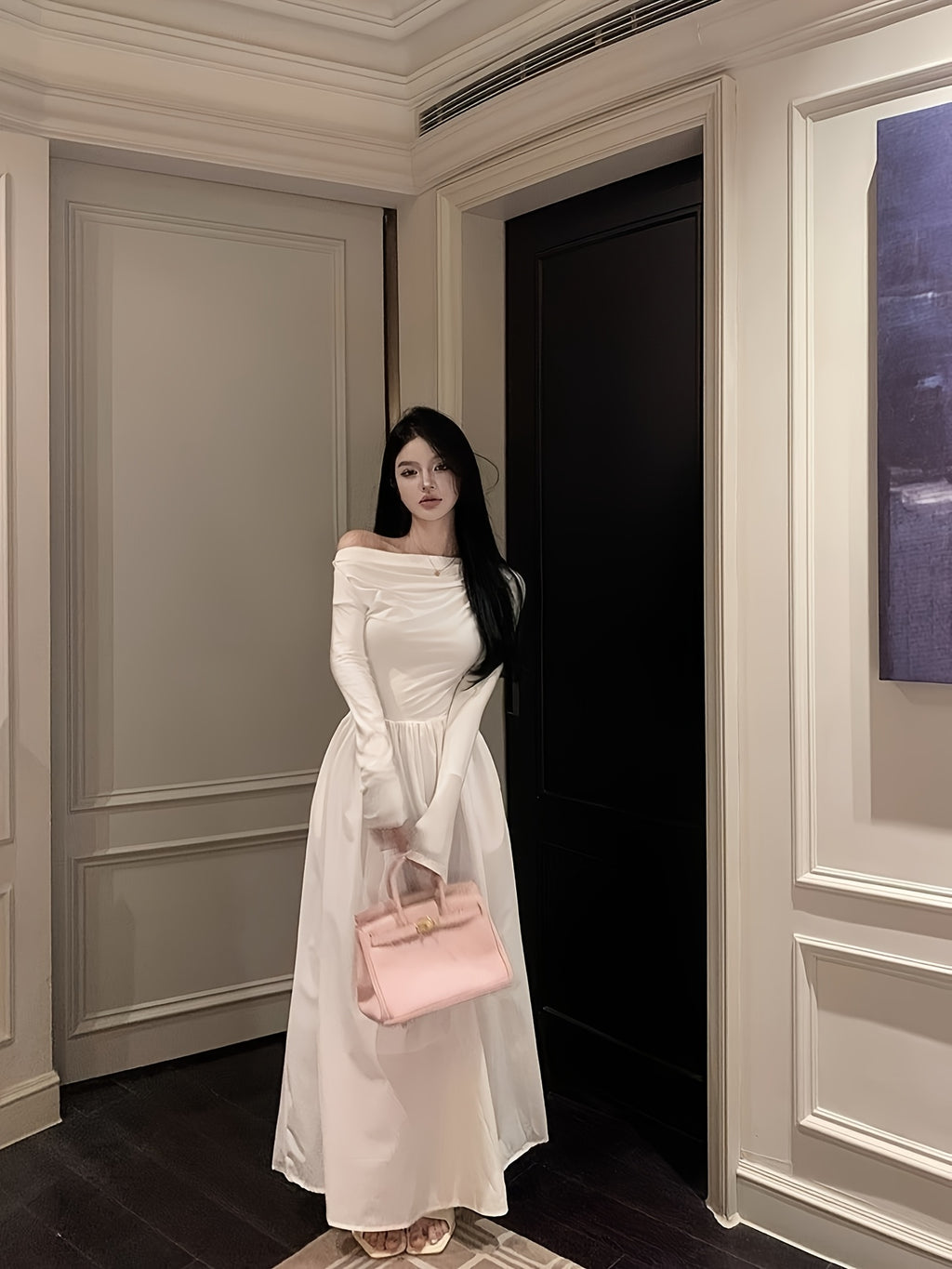 Women's Elegant French-Style Off-the-Shoulder/One-Shoulder A-Line Maxi Dress - Long Sleeve Wedding Guest Gown, Prom Dress, Hand Washable Solid Color with Pockets (No ) for Spring/Autumn, No Elasticity Suitable for Weddings & Special Events